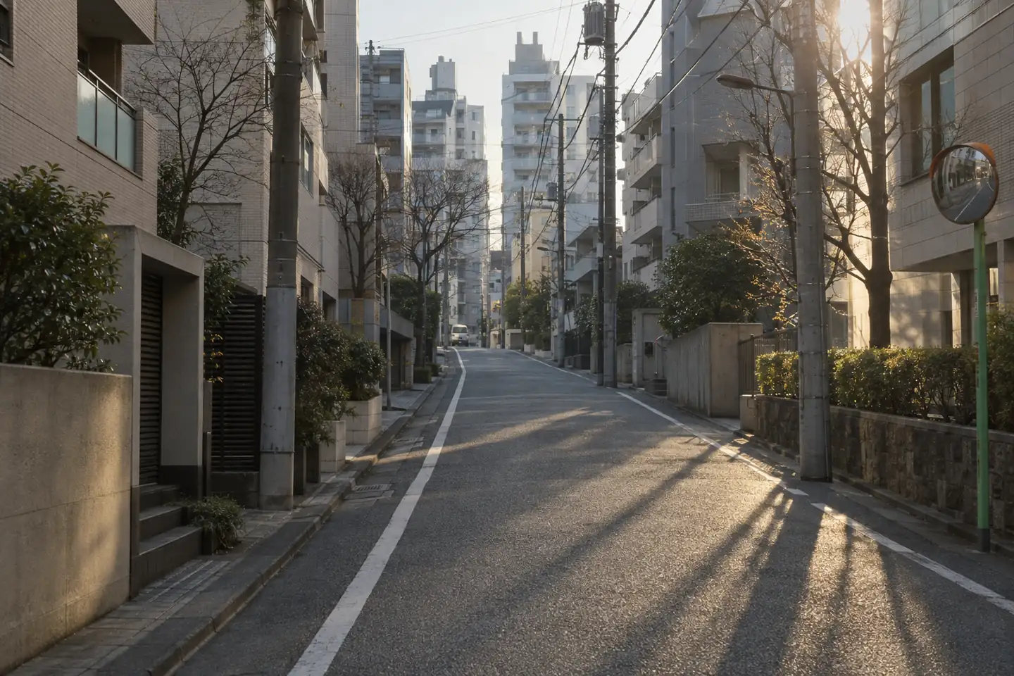 朝の低い日差しが差し込む、住宅と中層ビルに挟まれた東京の坂道