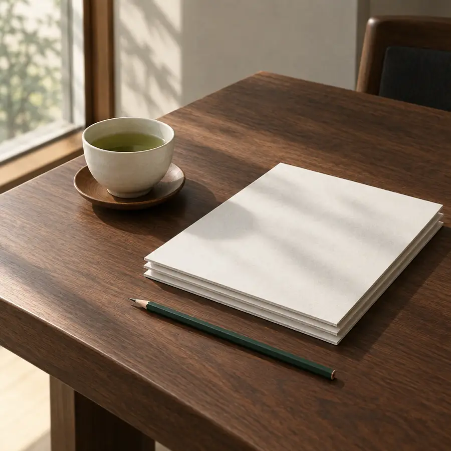 面談用の机の端。お茶と、そろえた書類と、鉛筆